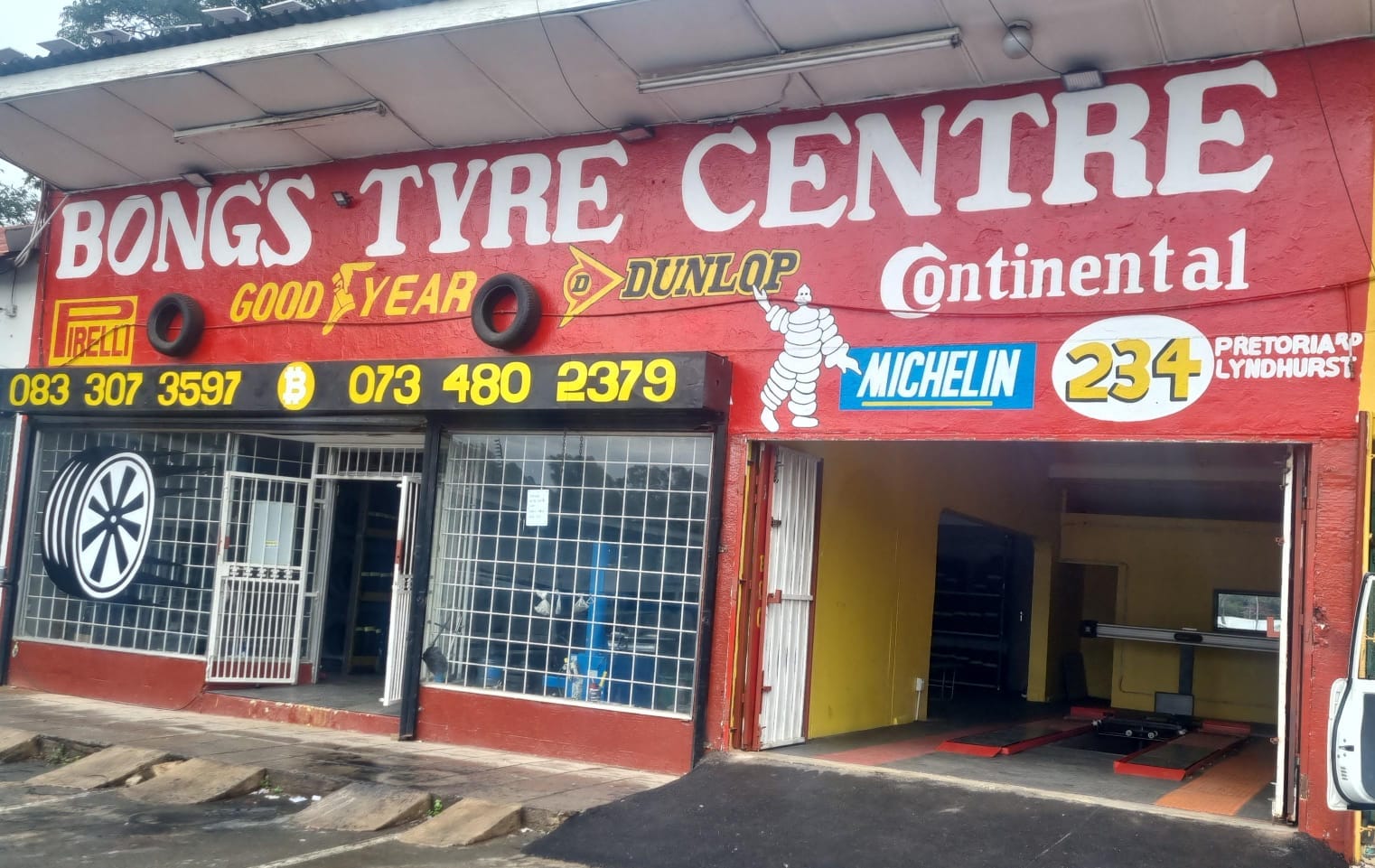 The Bong's Tyre Centre shopfront on Pretoria Road, Lyndhurst, showing the tyre brands stocked